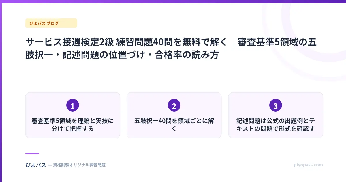 サービス接遇検定2級 練習問題40問を無料で解く｜審査基準5領域の五肢択一・記述問題の位置づけ・合格率の読み方
