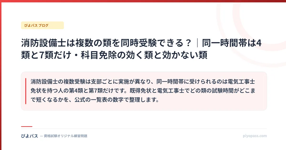 消防設備士は複数の類を同時受験できる?|同一時間帯は4類と7類だけ・科目免除の効く類と効かない類