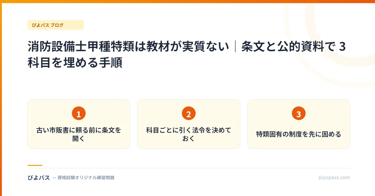 消防設備士甲種特類は教材が実質ない｜条文と公的資料で 3 科目を埋める手順