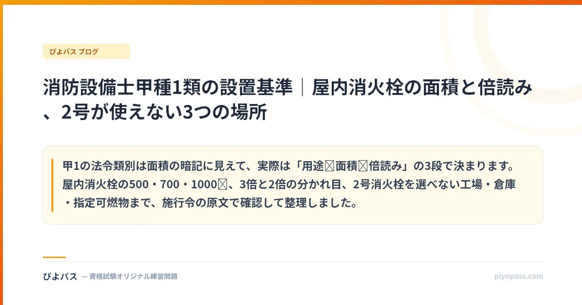 消防設備士甲種1類の設置基準|屋内消火栓の面積と倍読み、2号が使えない3つの場所