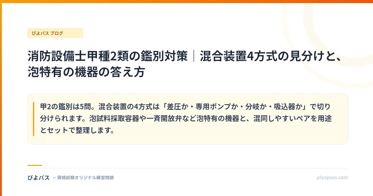 消防設備士甲種2類の鑑別対策|混合装置4方式の見分けと、泡特有の機器の答え方