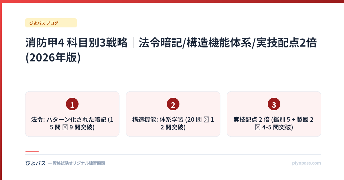 消防甲4 科目別3戦略|法令暗記/構造機能体系/実技配点2倍 (2026年版)