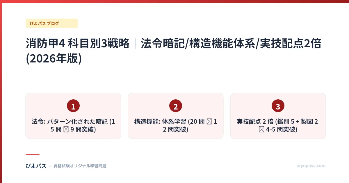 消防甲4 科目別3戦略｜法令暗記/構造機能体系/実技配点2倍 (2026年版)