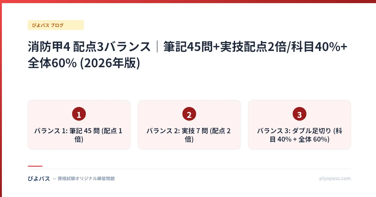 消防甲4 配点3バランス|筆記45問+実技配点2倍/科目40%+全体60% (2026年版)