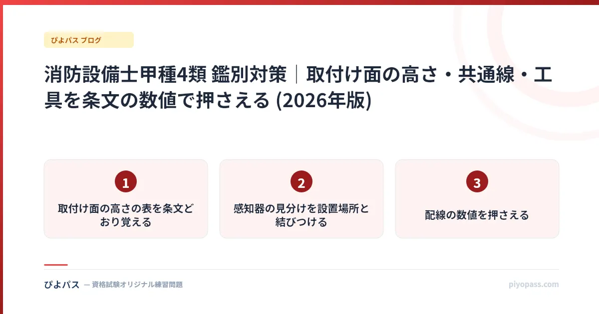 消防設備士甲種4類 鑑別対策|取付け面の高さ・共通線・工具を条文の数値で押さえる (2026年版)