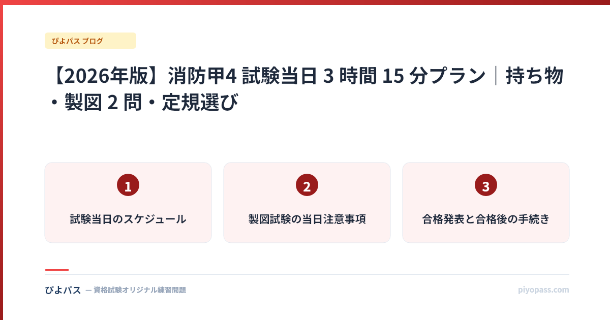 【2026年版】消防甲4 試験当日 3 時間 15 分プラン|持ち物・製図 2 問・定規選び