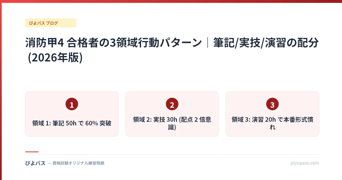 消防甲4 合格者の3領域行動パターン|筆記/実技/演習の配分 (2026年版)