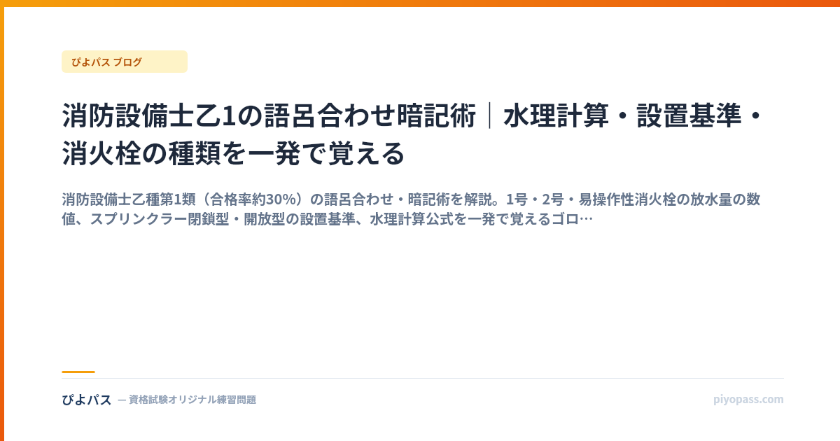 消防設備士乙1 暗記の3領域｜屋内消火栓・SP・水理計算5公式 (2026年版)