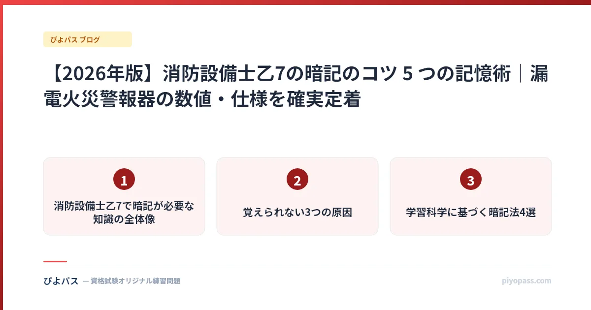 【2026年版】消防設備士乙7の暗記のコツ 5 つの記憶術｜漏電火災警報器の数値・仕様を確実定着