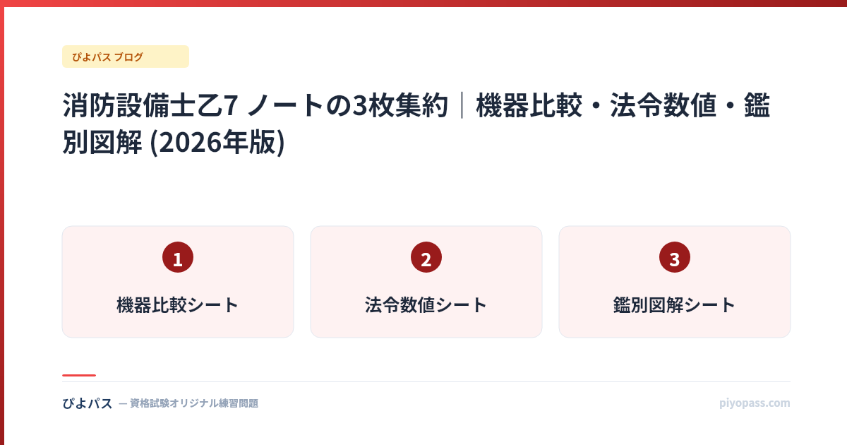 消防設備士乙7 ノートの3枚集約｜機器比較・法令数値・鑑別図解 (2026年版)