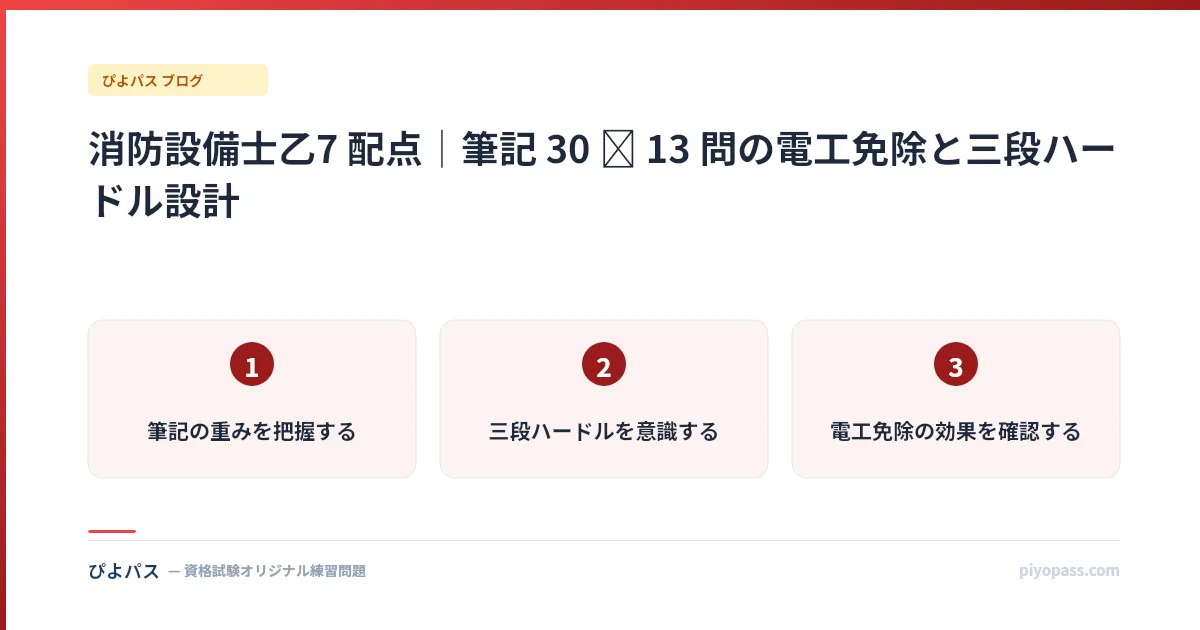 消防設備士乙7 配点｜筆記 30 → 13 問の電工免除と三段ハードル設計