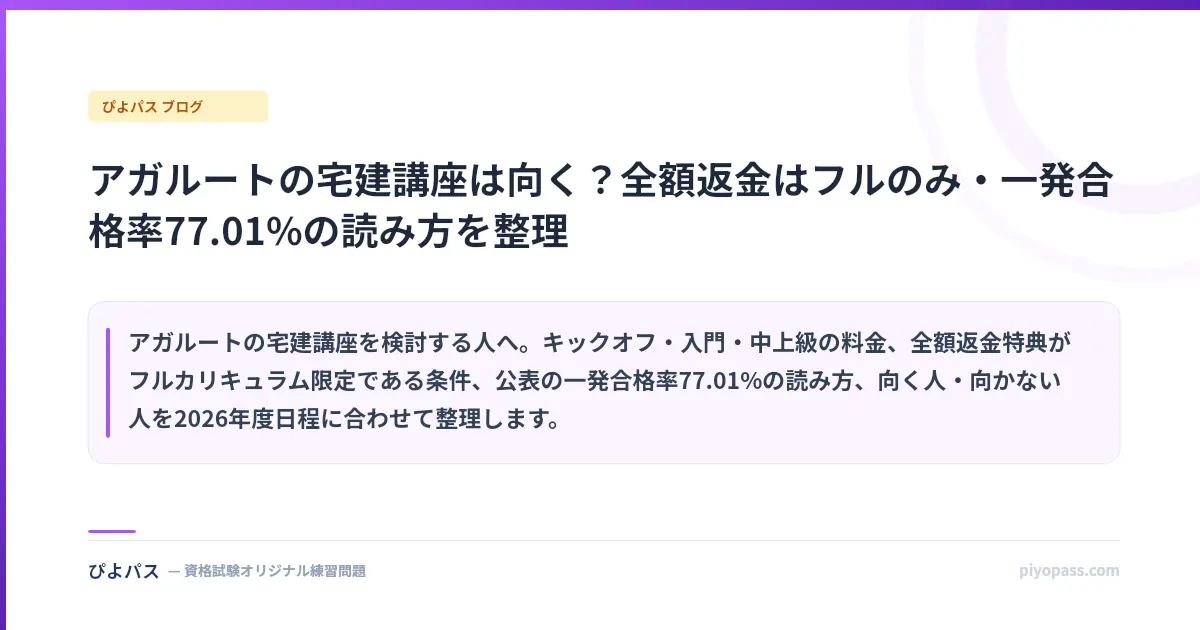 アガルートの宅建講座は向く？全額返金はフルのみ・一発合格率77.01%の読み方を整理