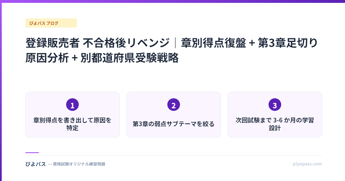 登録販売者 不合格後リベンジ｜章別得点復盤 + 第3章足切り原因分析 + 別都道府県受験戦略