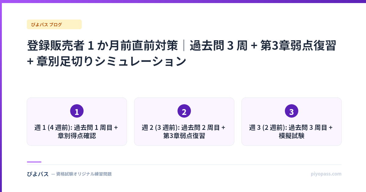 登録販売者 1 か月前直前対策｜過去問 3 周 + 第3章弱点復習 + 章別足切りシミュレーション