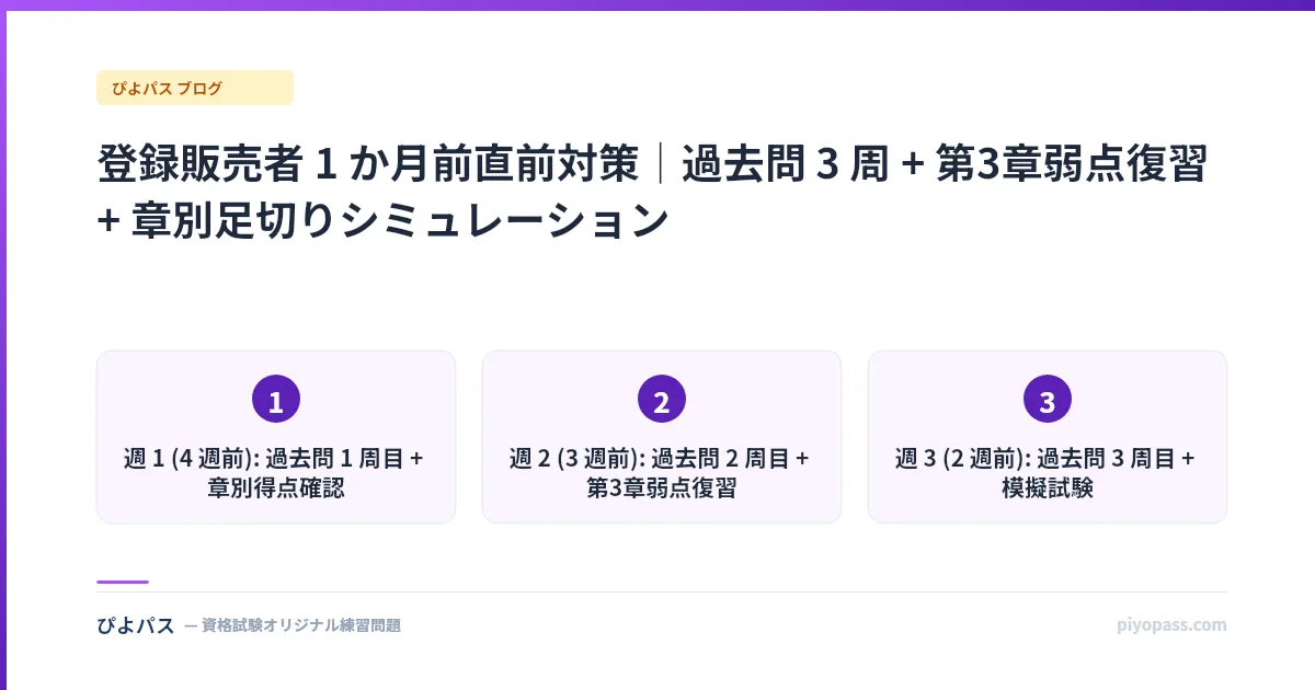 登録販売者 1 か月前直前対策｜過去問 3 周 + 第3章弱点復習 + 章別足切りシミュレーション