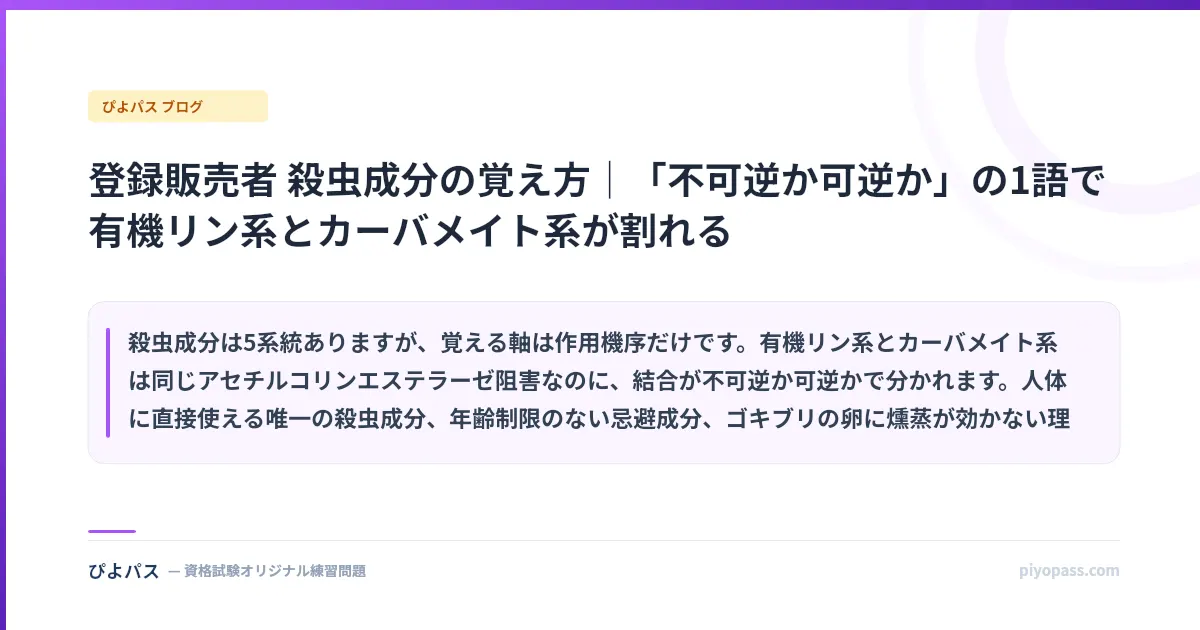 登録販売者 殺虫成分の覚え方|「不可逆か可逆か」の1語で有機リン系とカーバメイト系が割れる