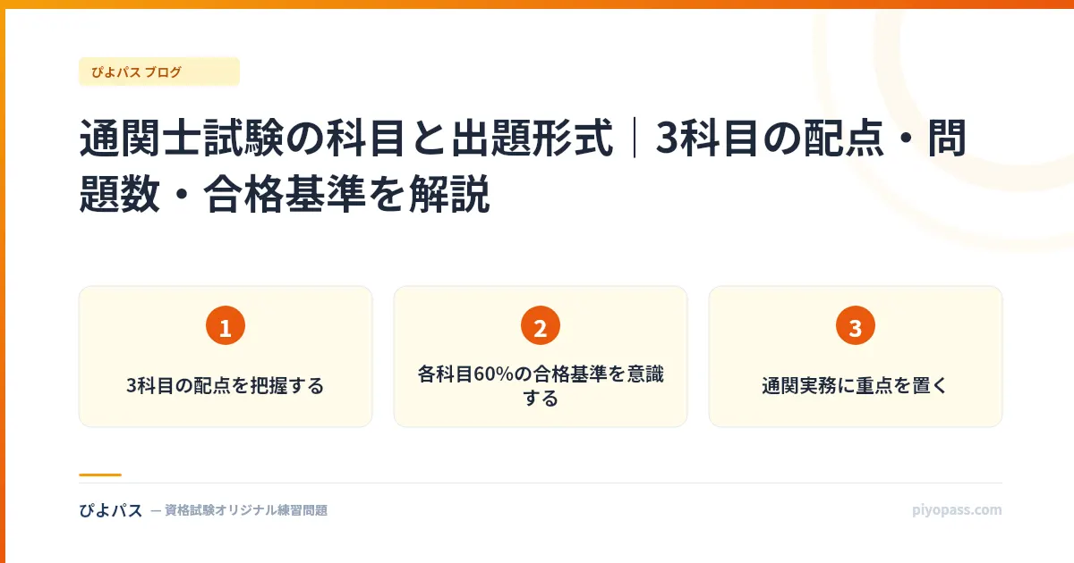 通関士試験の科目と出題形式|3科目の配点・問題数・合格基準を解説