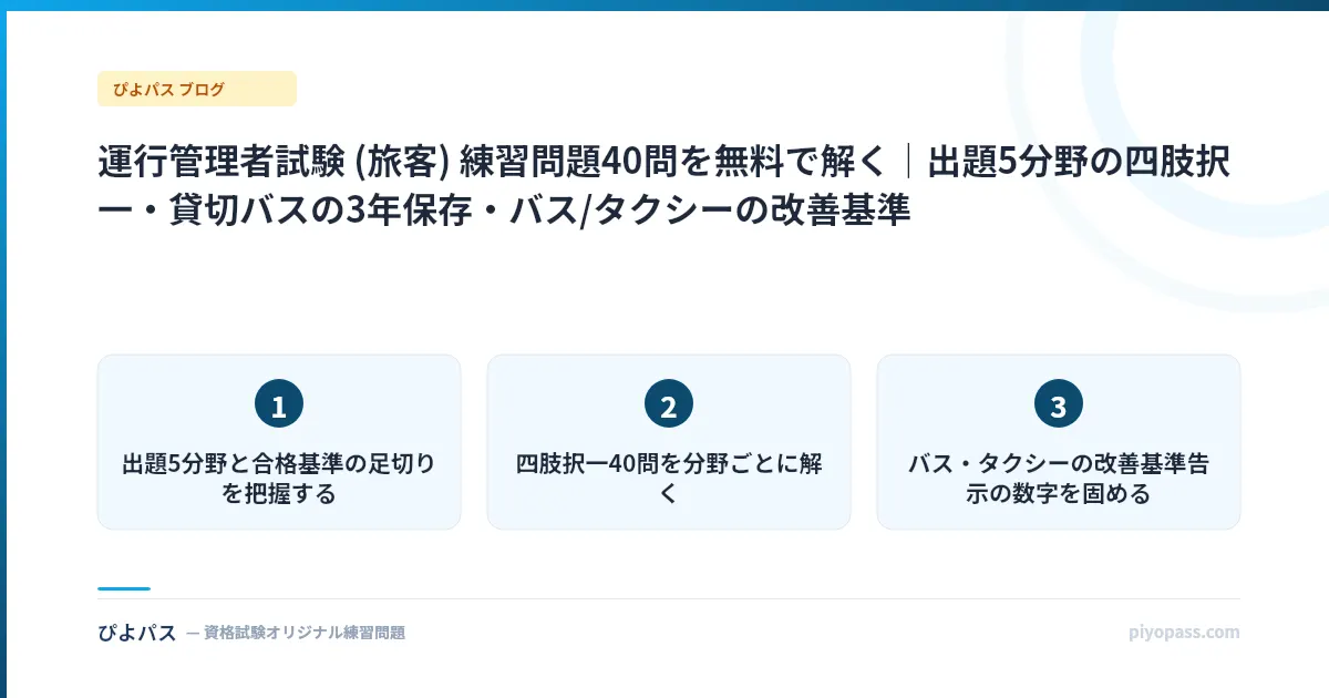 運行管理者試験 (旅客) 練習問題40問を無料で解く|出題5分野の四肢択一・貸切バスの3年保存・バス/タクシーの改善基準